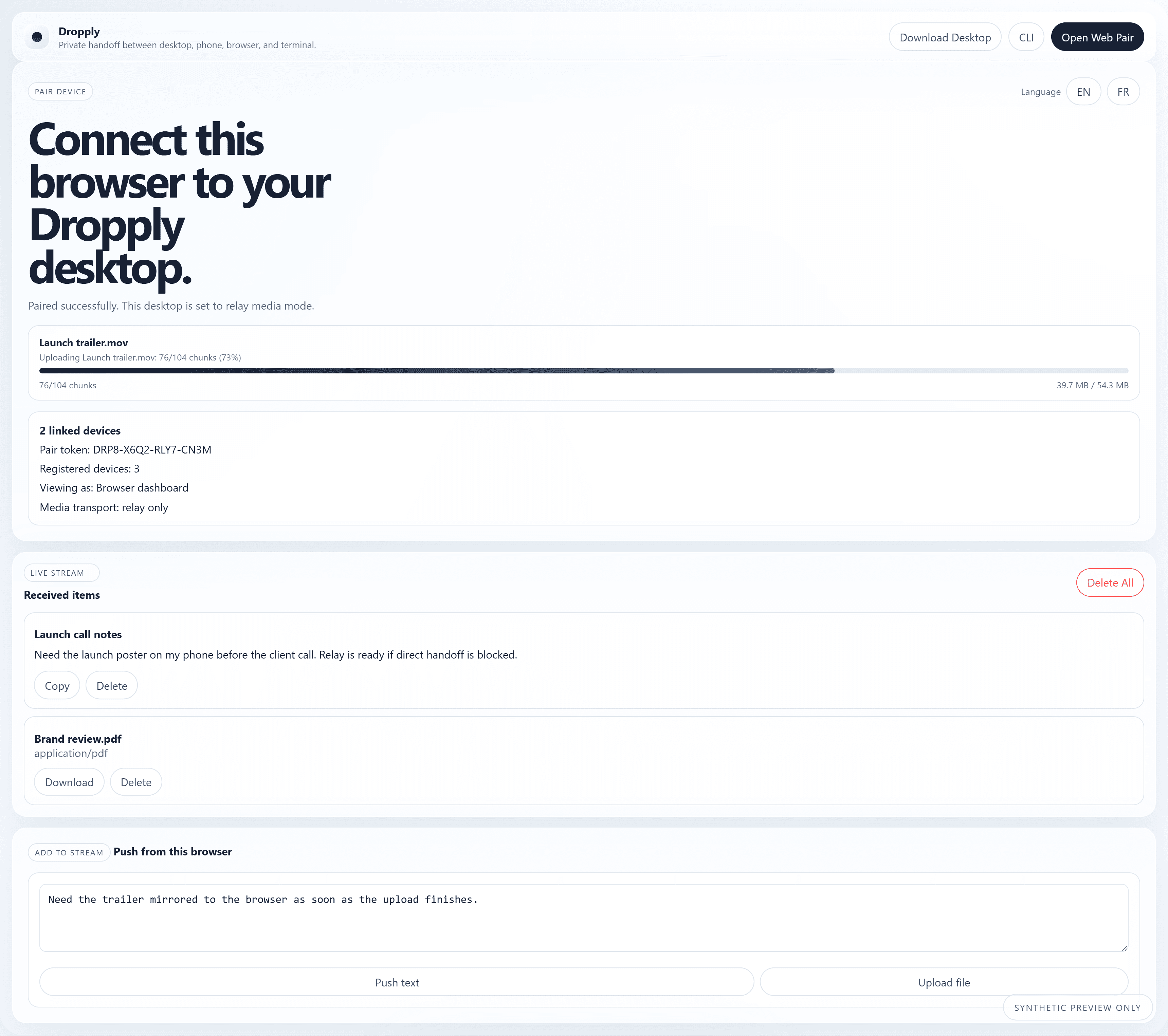 Browser-focused Dropply preview with fake QR pairing and a guided handoff explanation.