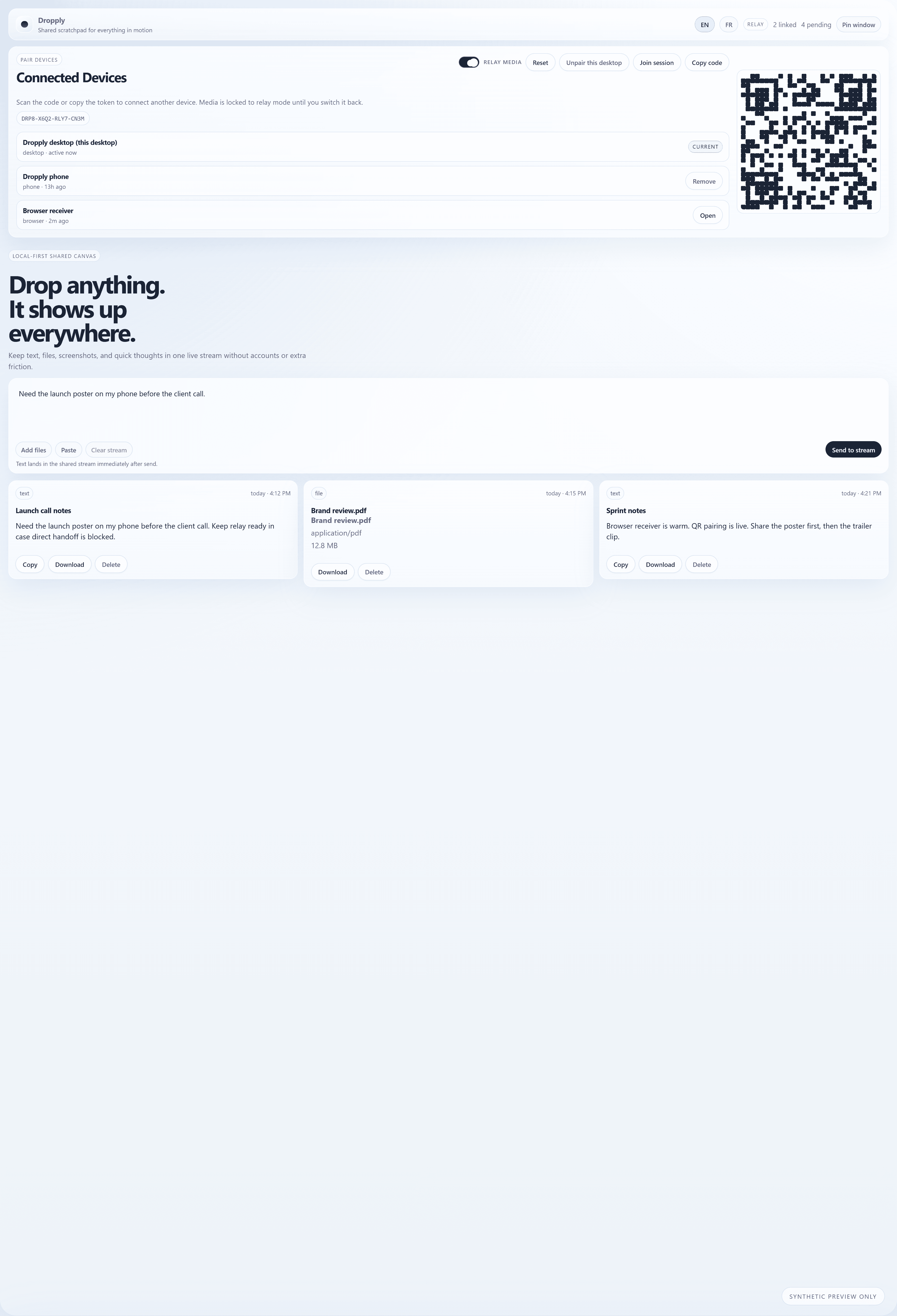 Premium Dropply desktop preview with a synthetic QR code, fake relay token, and polished shared canvas layout.