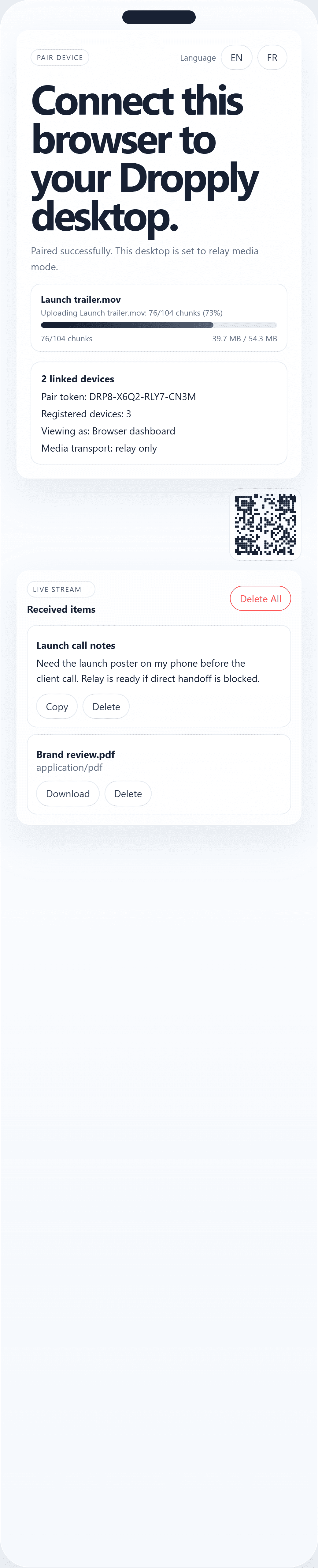 Premium Dropply phone preview with a fake QR code, fake relay token, and sample transfer progress.
