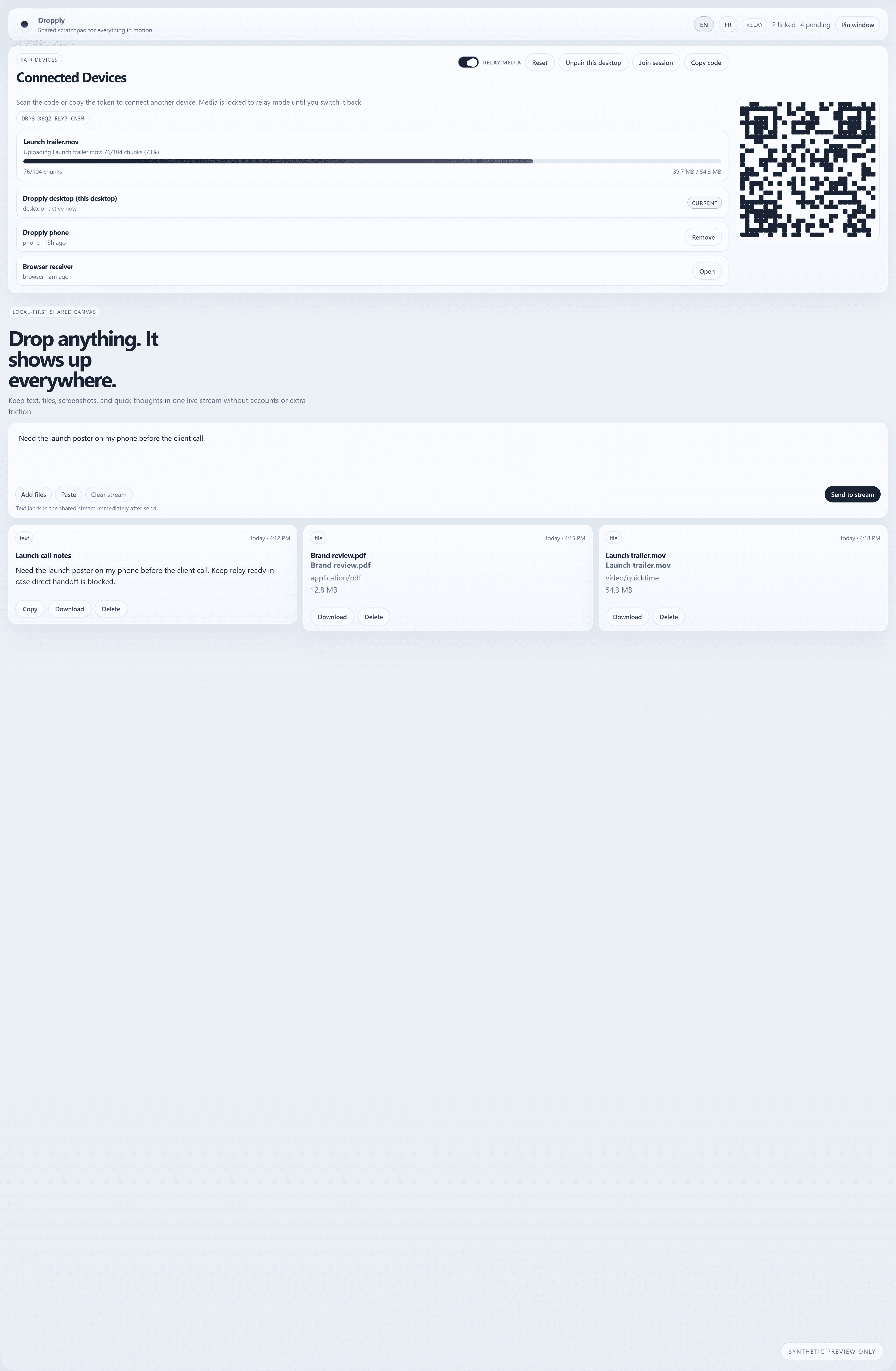 Wide Dropply relay dashboard preview showing fake progress bars and a premium dropply-cli panel.